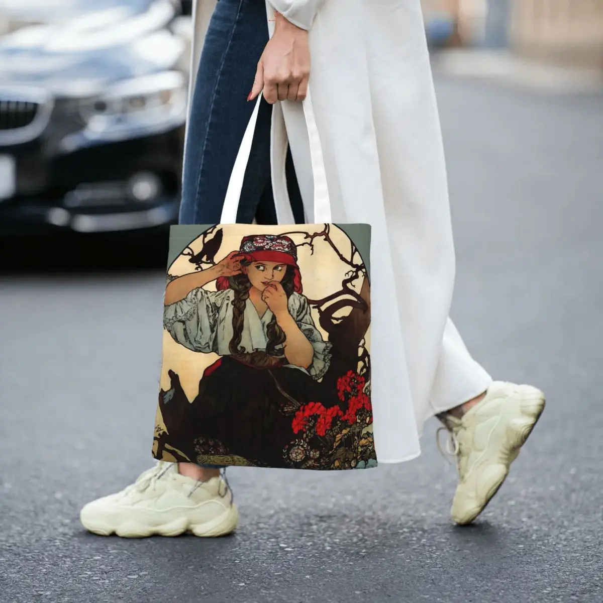 Alphonse Mucha 1860 Of Moravian Teachers Poster Tote Bags Women Handbag Foldable Student Shoulder Bag Printed Bag