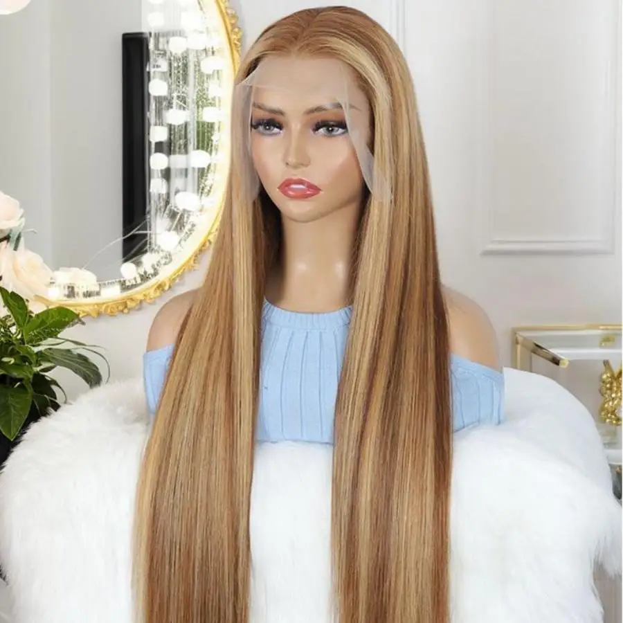 

40 30 Inch Ombre Brown Colored Bone Straight Highlight 13x6 Lace Frontal Wig Human Hair Wig Brazilian Hair P4/27 Honey Blonde