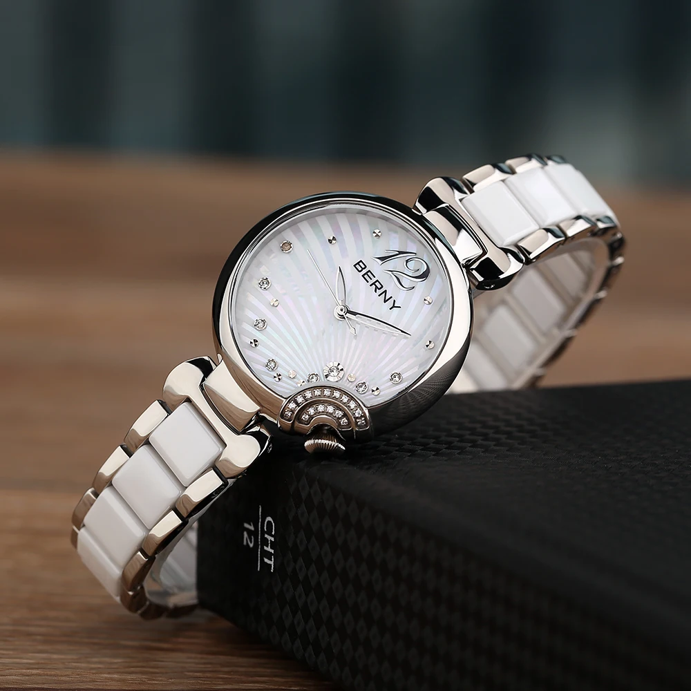 BERNY Lady Quartz Watch Woman Ceramic Bracelet Butterfly Buckle Waterproof Stainless Steel Watches Fashion Relogio Feminino Gift