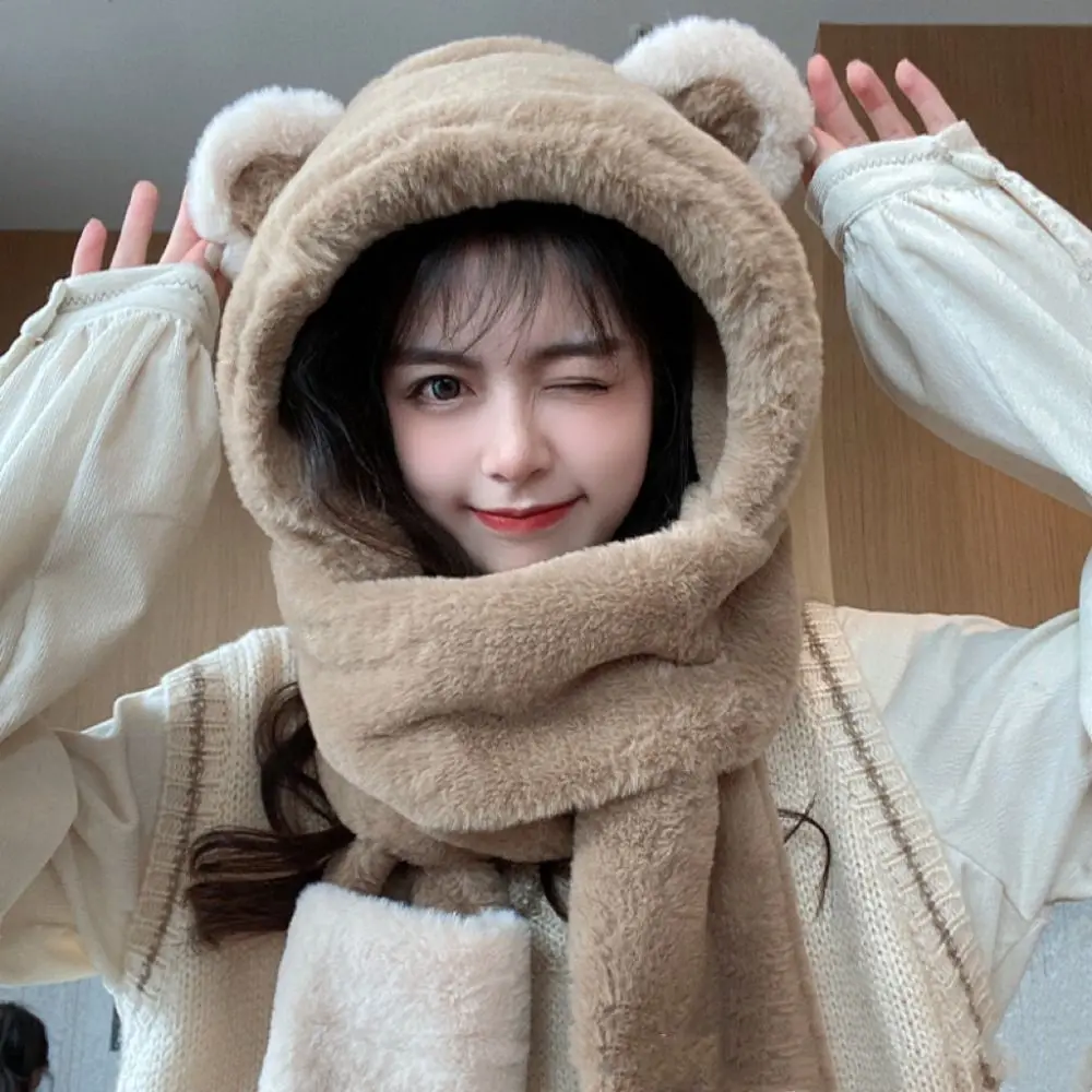 

Новая шапка с мультяшными медведями и ушками, теплый ветрозащитный зимний шарф с капюшоном, мягкая защитная шапка для ушей, женская