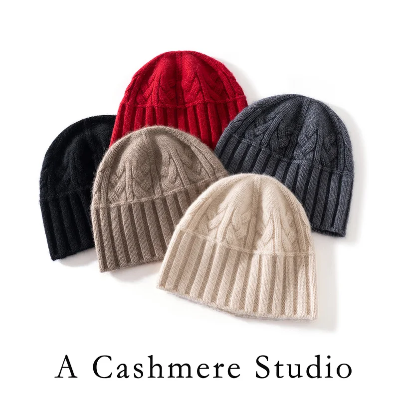 100% hochwertige Kaschmirmütze für Damen, weiche, warme Wintermütze, gestrickte, lässige Outdoor-Mütze in Unifarbe mit geripptem Twist-Muster. – Detail 1