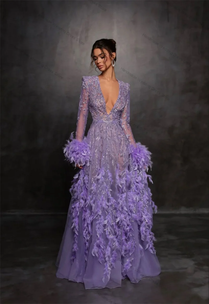 Ostrich Feathers Prom Dress Shiny Crystals Sequins Sexy V Neck Full Sleeves Evening Gown Customized Purple Long Church Robe