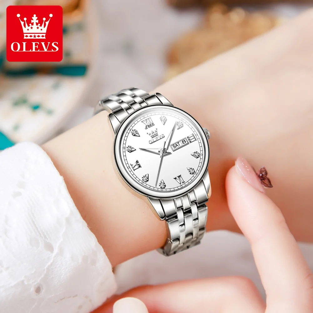 New OLEVS Women\'s Quartz Watch Stainless Steel Strap Auto Date Week Clock Luxury Diamond Dial Waterproof Classic Watch for Women