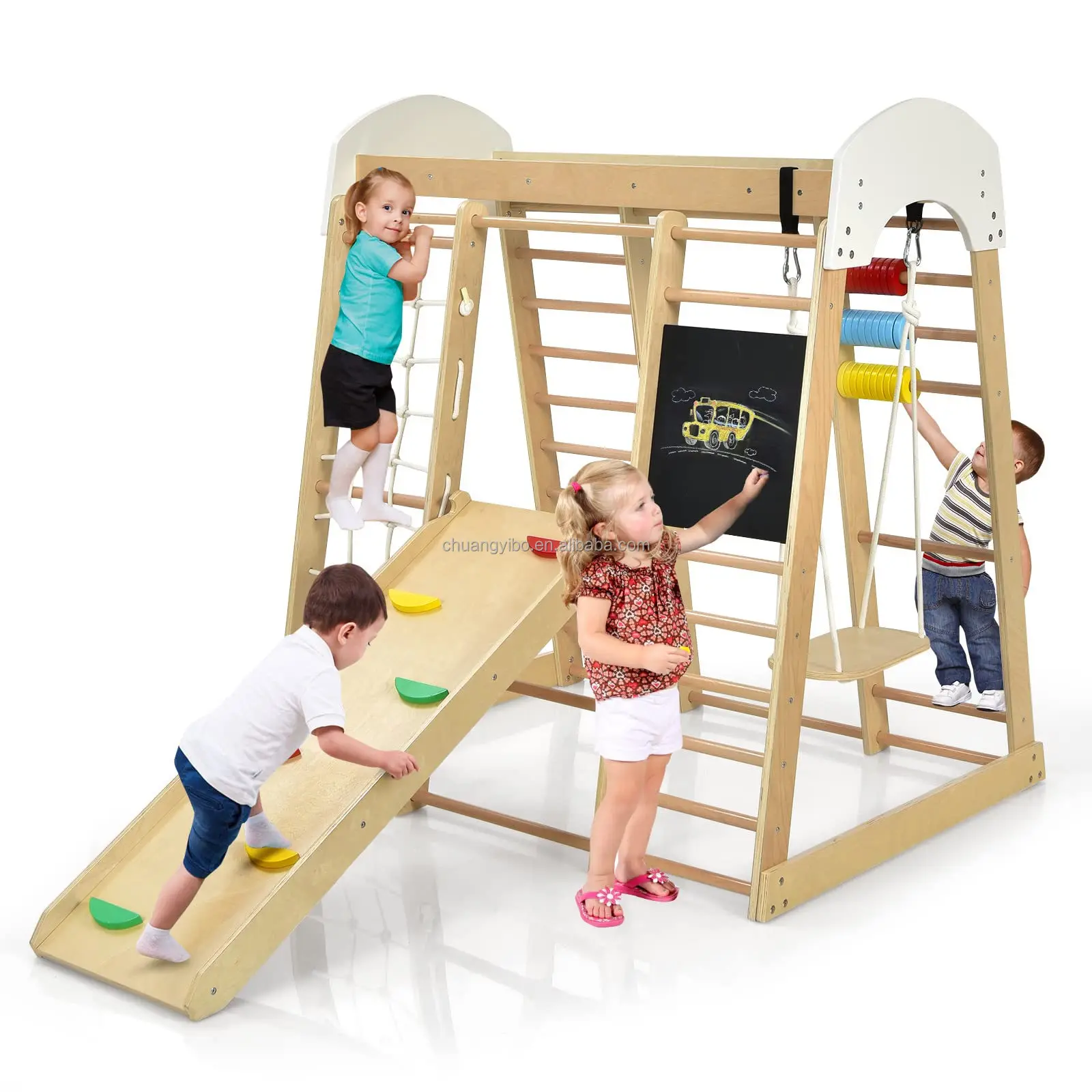 

Indoor Playground 7-in-1 Jungle Gym Play Set for Kids Slide, Climbing Wall, Rope Wall Climber Swing Montessori Style Climb Set