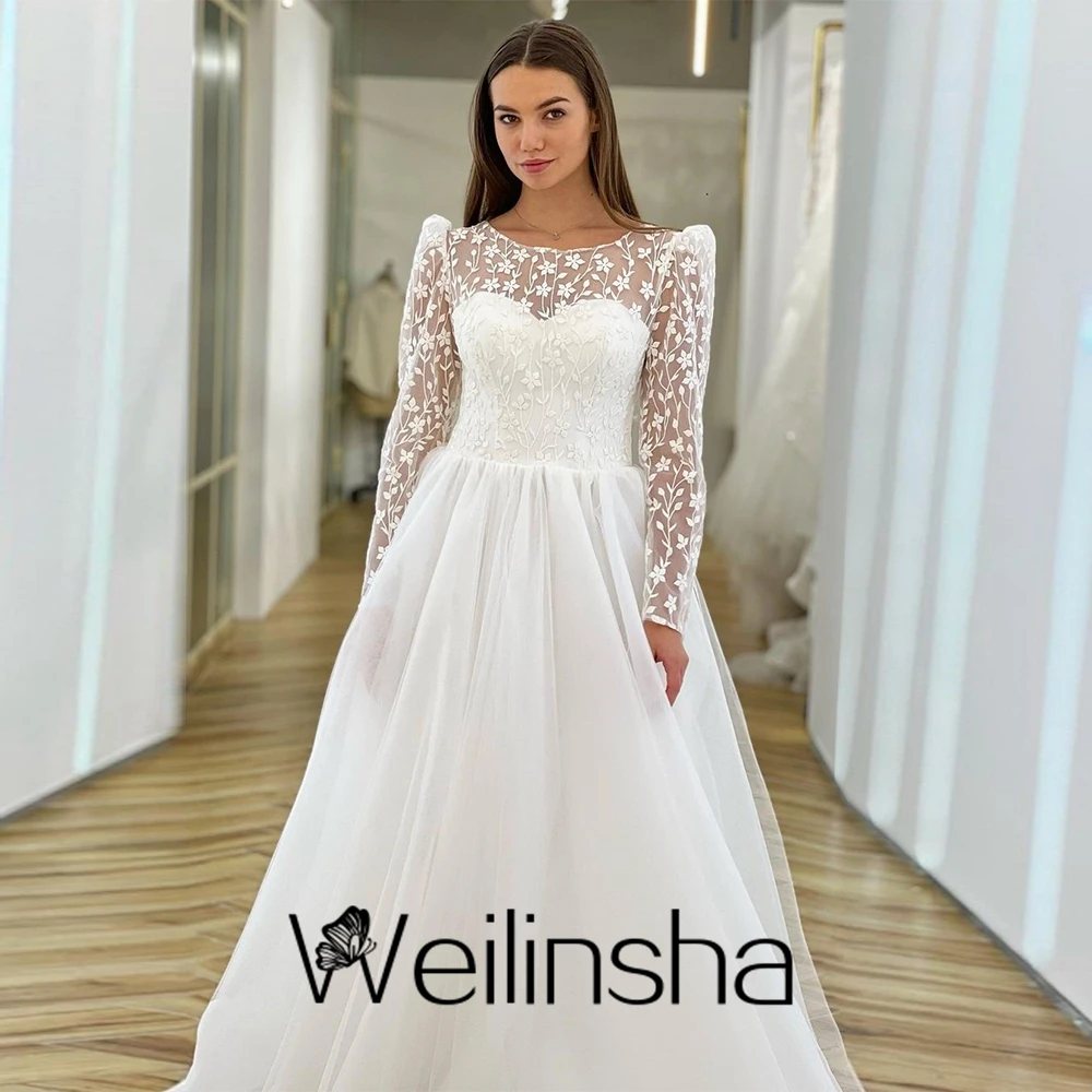 Weilinsha A-Line Wedding Dress with Long Sleeve Lace O-Neck Tulle Corset Court Train Classic Bridal Gown for Women Vestido Novia