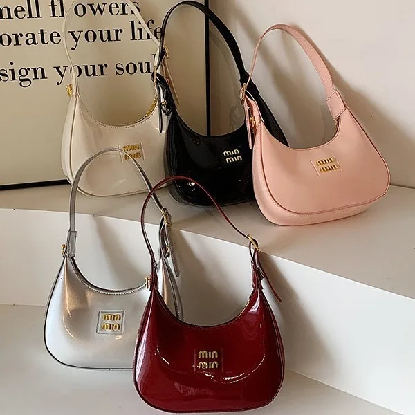 Patent Leather Shoulder Bag Women\'s Crossbody Bag Armpit Bag Commuter Bag High Fashion Versatile Letter Dumpling Bag Moon