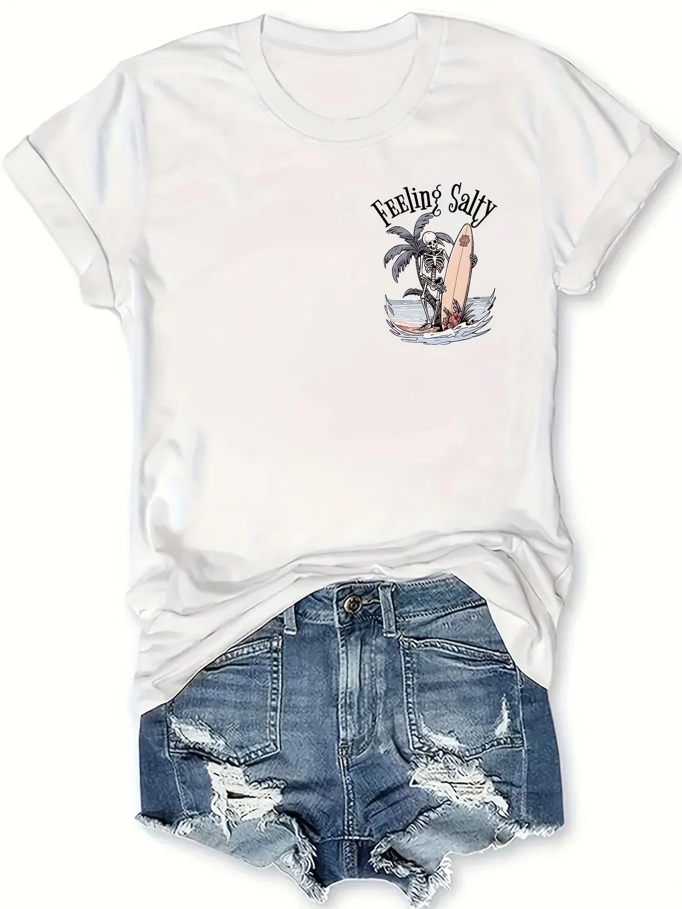 تي شيرت مطبوع عليه شجرة جوز الهند على شكل جمجمة للعطلات النابضة بالحياة - تي شيرت نسائي كاجوال بأكمام قصيرة ورقبة دائرية لفصل الربيع والصيف