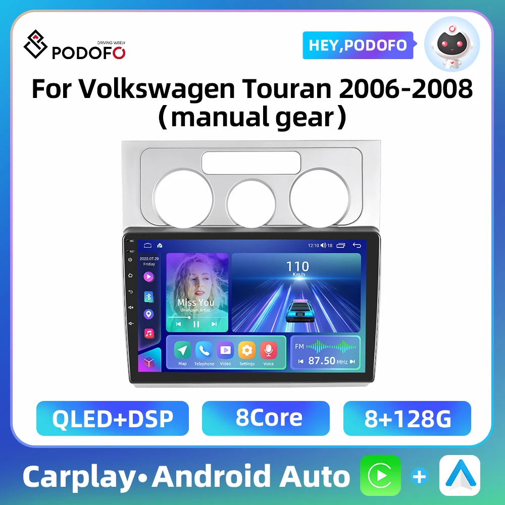 Podofo 8+128G 8Core Car Radio For Volkswagen Touran 2006-2008 10.1'' Multimedia Player Carplay Android Auto GPS DSP Car Stereo