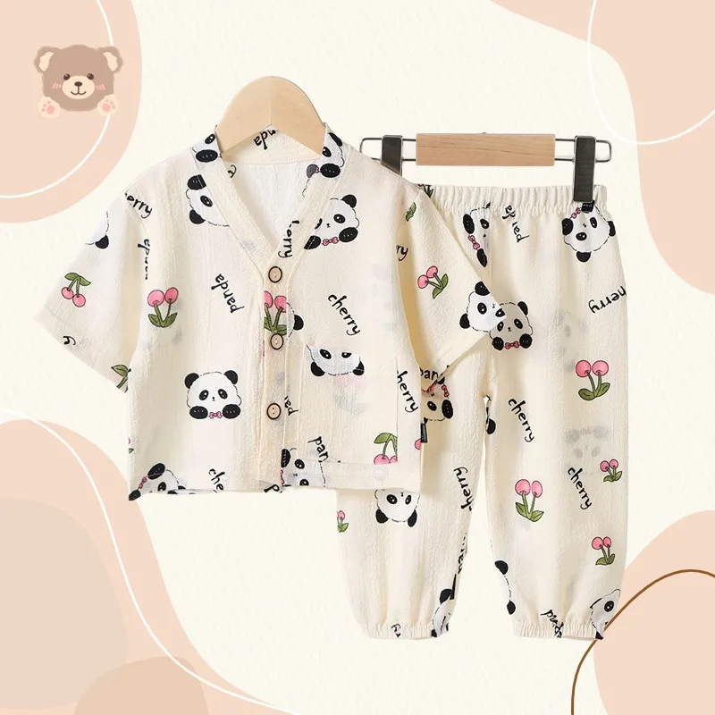 

New Kids Summer Thin Pajamas Sets Boys Girls Cartoon Three-quarter Sleeve V-neck Shirt Tops with Pants Baby Sleepwear Loungewear