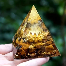 1PC Clear Crystal Tiger Eye Lotus Symbol Orgone Pyramid With Positive Energy And Guidance - Tiger Eye Lotus Symbol Orgone