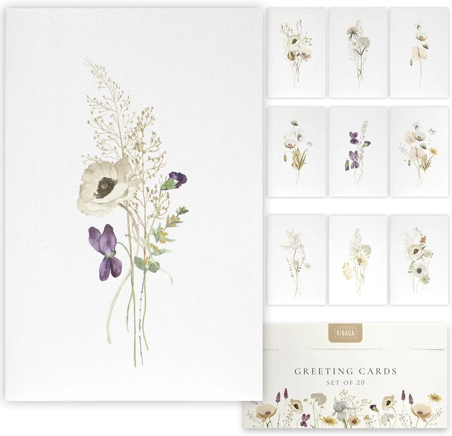 

Beautiful Greetings Cards Set of 20 with Envelopes & Stickers - Tasteful Assorted Get Well Blank Note Cards 4x6 in Flower Ar