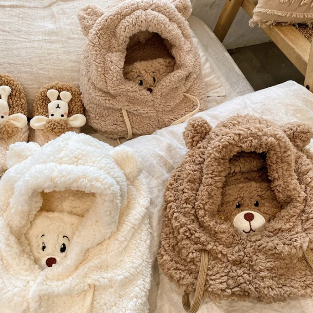 New Cute Bear Ear Plush Hat Scarf Face Mask Set Winter Women Beanies Cap Baby Thick Warm Hood Cap Outdoor Windproof Hats