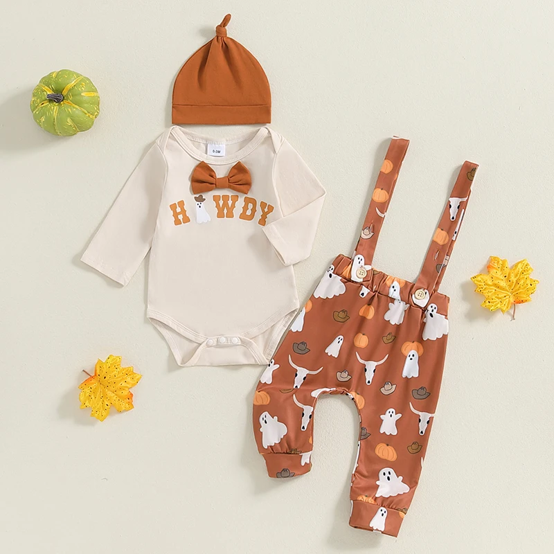 

2024-06-12 Lioraitiin Baby Boy Halloween Outfit, Letter Print Long Sleeve Romper Ghost Print Suspender Pants Hat Clothes Set