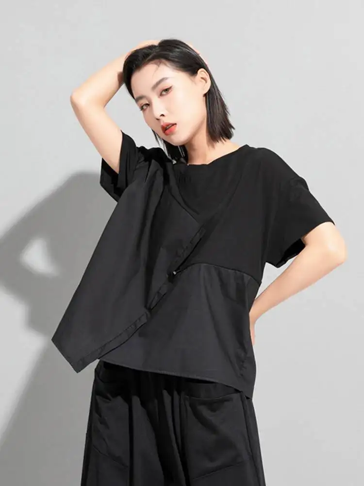 

Women Black Waist Drawstring Big Size Casual T-shirt New Round Neck Short Sleeve Fashion Tide Spring Summer
