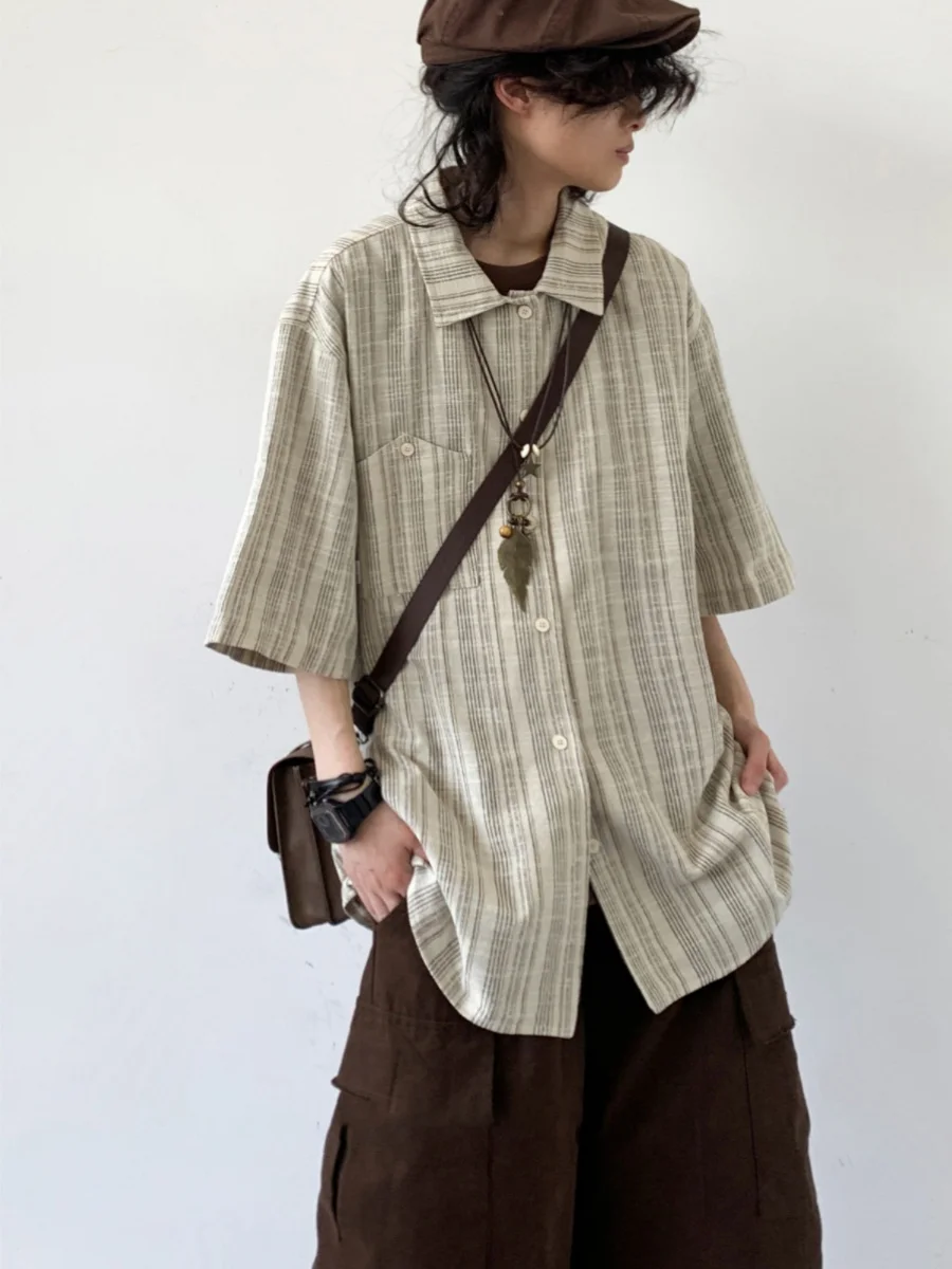 

Retro Japanese Linen Striped irt ex Summer Fre Simple College Sle Workwear ort Sve Trendy Top for Men And Women