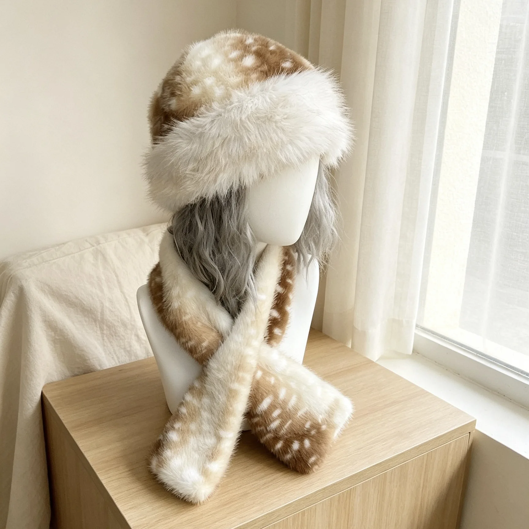 Vintage Cute Christmas Gift Plush Hat Versatile Deer Spotted Winter Warm Scarf Outdoor Skiing Scarf Parent Child New Year Gift