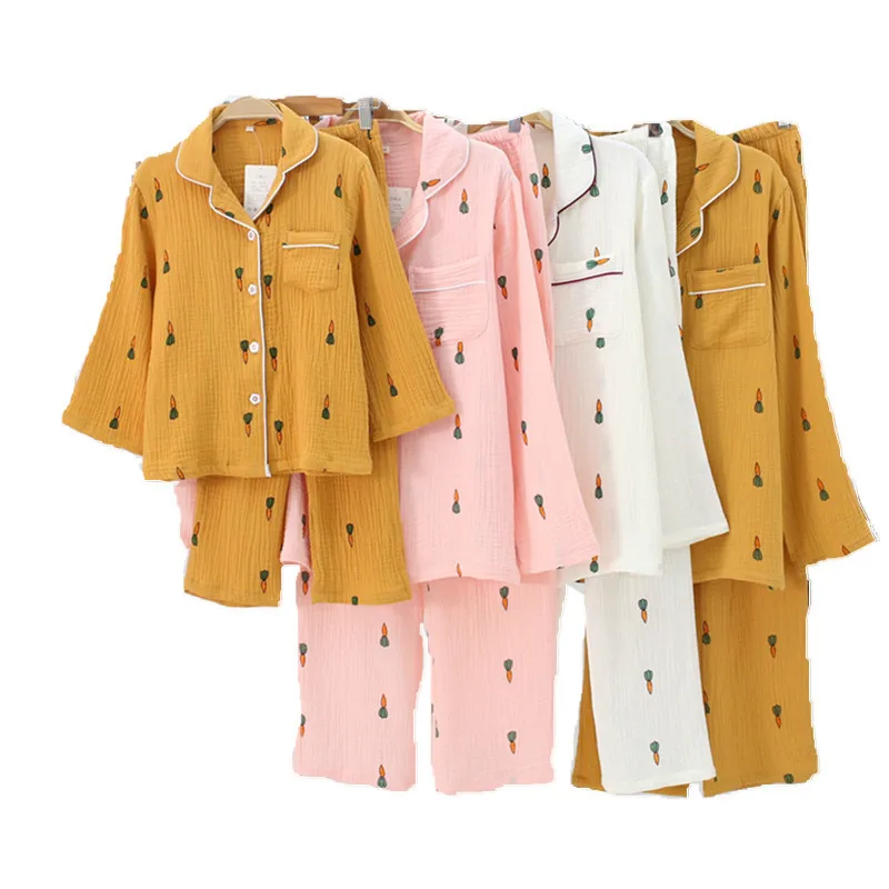 Mother/Father/Kid Korean Long-sleeved Cotton Crepe Pajamas Family Matching Clothes Cartoon Casual Mother and Daughter Loose Set