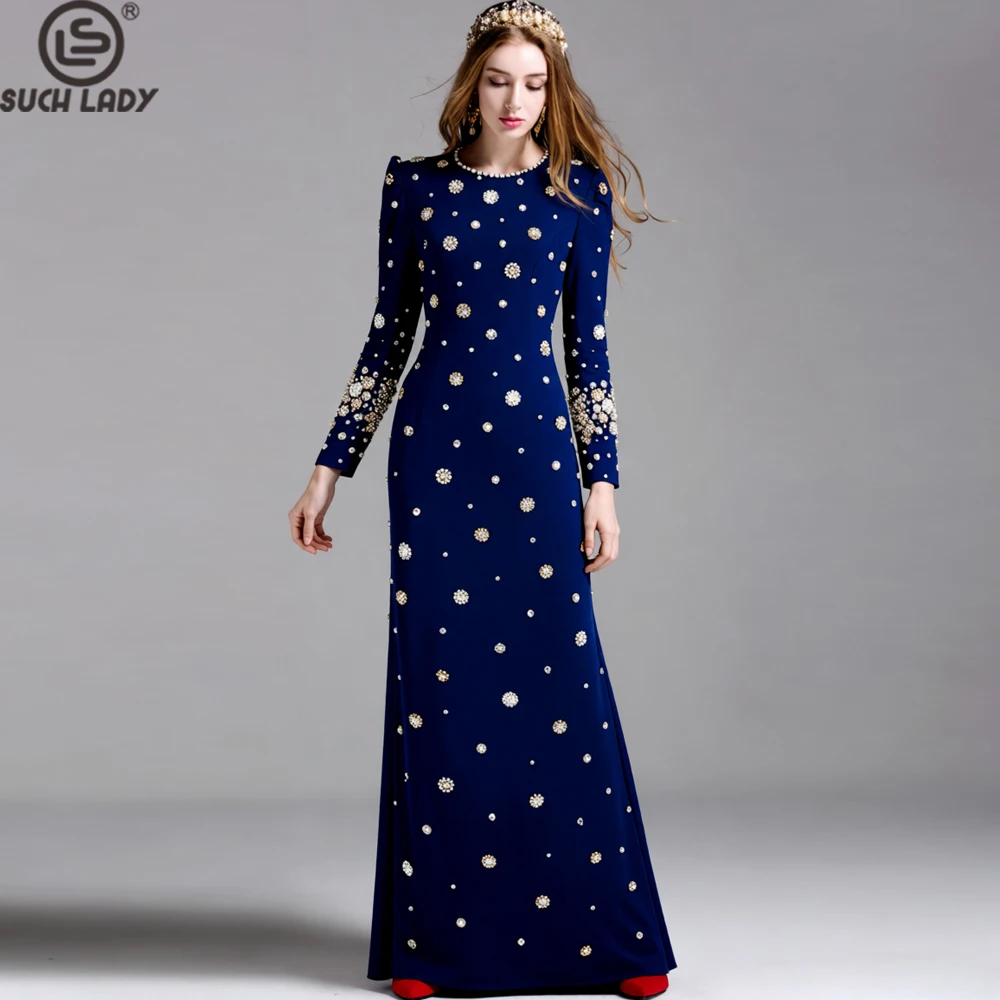 Women's Long Sleeve Maxi Evening Dress Elegant Rhinestone Bead Embellished Formal Gown for Wedding, Party, Event