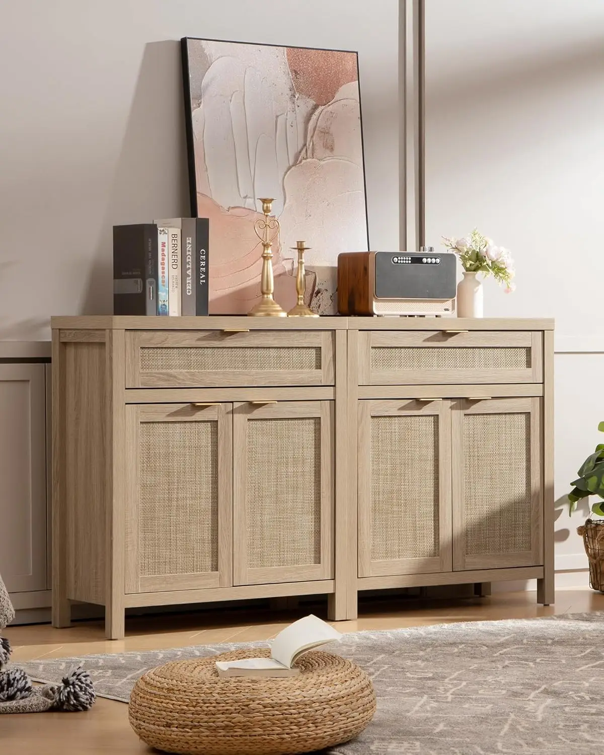 Sideboard Buffet Storage Cabinet Set of 2, Rattan Credenza Buffet Table, Boho Console Accent Cabinet with Doors and Draw