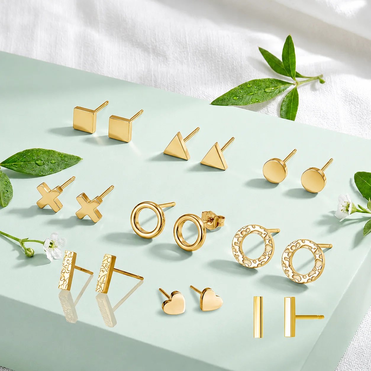 Minimalist Gold Geometric Stud Earrings Set for Women Tiny Square Triangle Round Bar Multi Piercing Earring Jewelry Pack