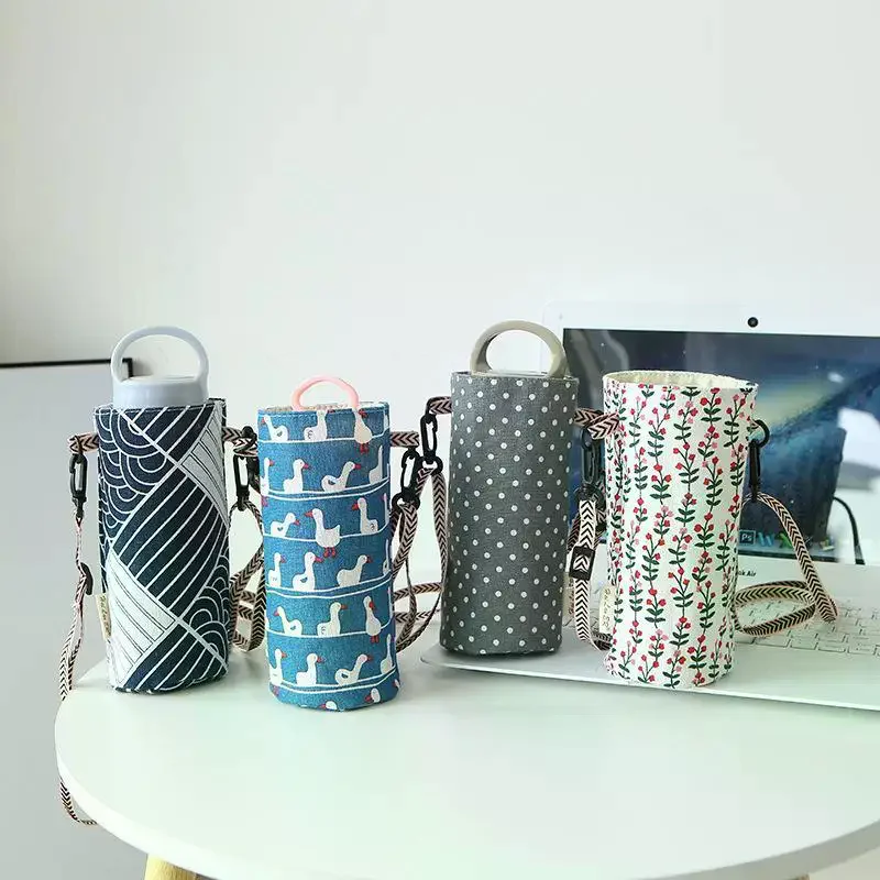 1Pcs Insulated Canvas Thermos Bag Water Bottle Cover Adjustable Crossbody Strap Floral Duck Print Cup Holder For Shopping