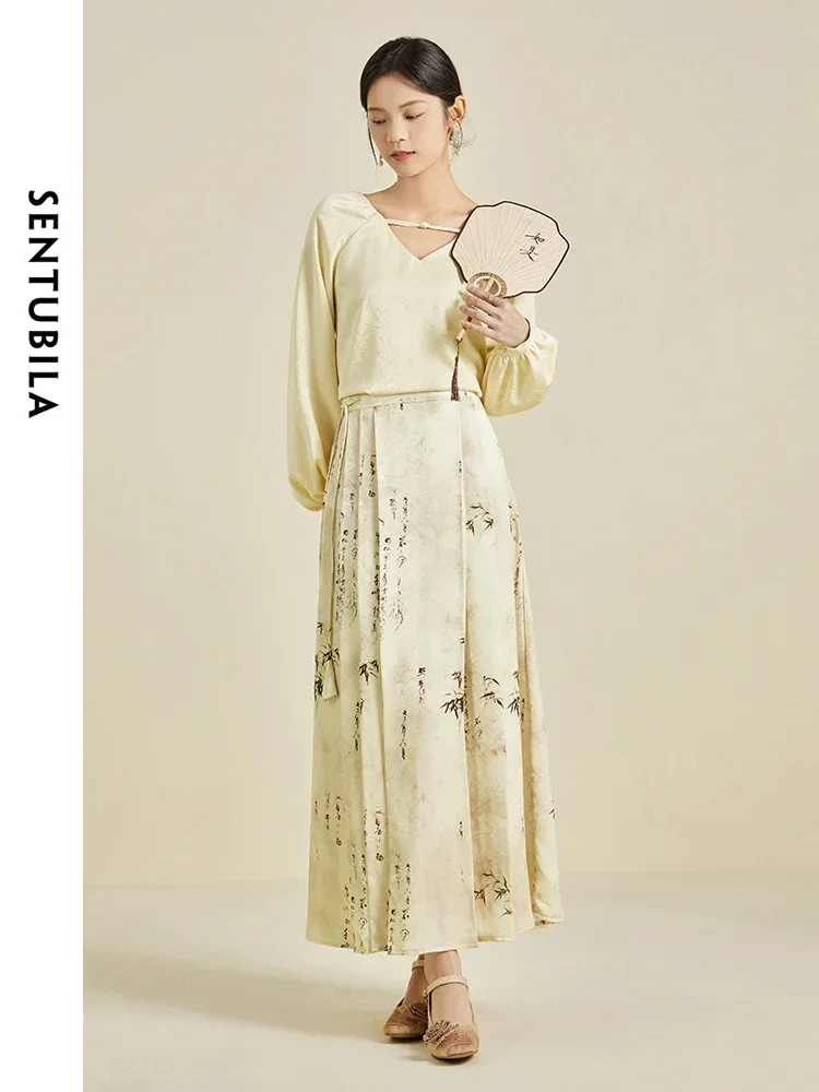 

SENTUBILA Woman Elegant High-Waist Skirt 2025 Chinese Style Traditional Bamboo Print Skirts Women's Autumn Long Skirts 141Q54209