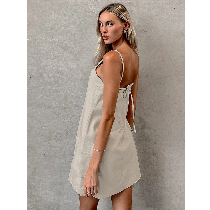 Original Backless Design Camisole Dress Spring and Summer Women\'s Fashion Straight Leg Waist Pocket Cotton Linen Camisole Dress