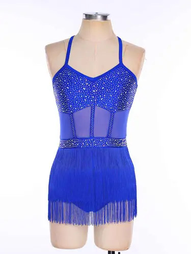 Imagen 2 del producto Vestido de baile latino con borlas para mujer, leotardo de Salsa y Jazz, trajes de baile de Tango, traje de mono con flecos y diamantes de imitación de malla transparente