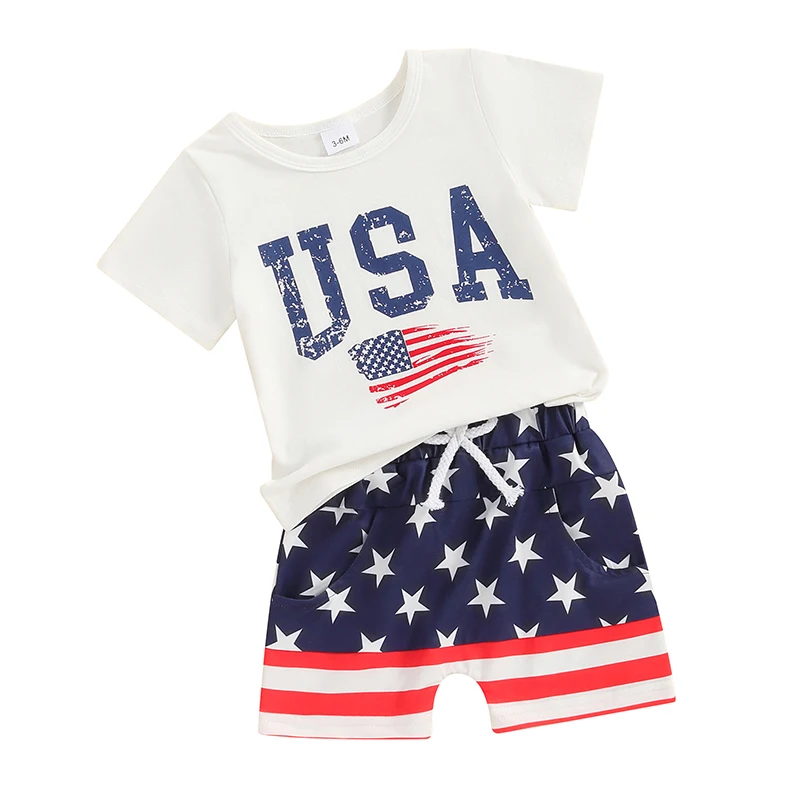 4th of July Baby Boys Outfits Fuzzy Letter Patch Short Sleeve T-Shirts Tops Stripe Stars Shorts 2Pcs Clothes Set