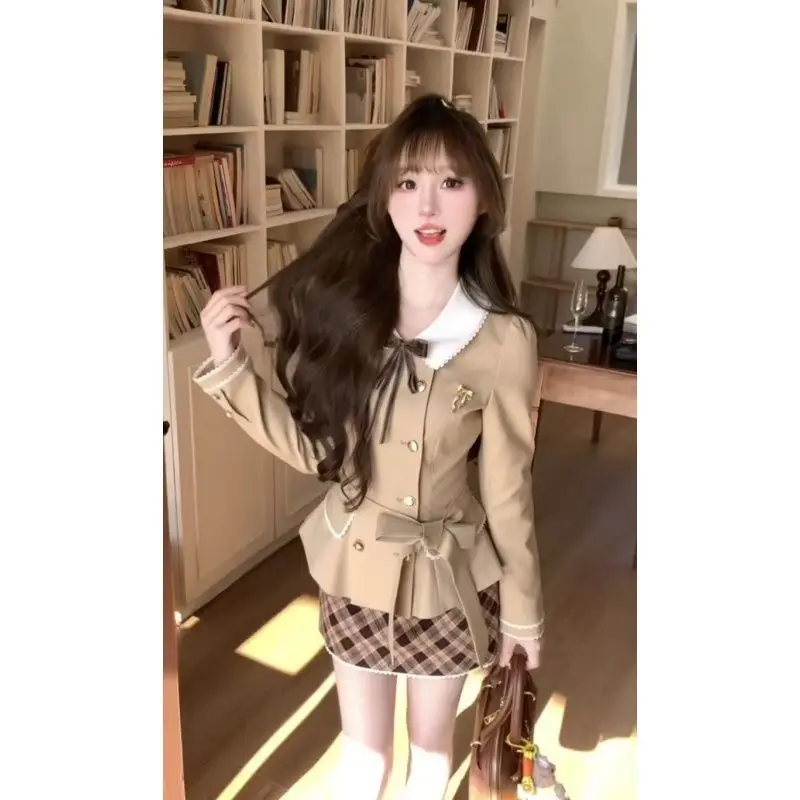 

Autumn New Preppy Style 2 Piece Sets Womens Outfits Sweet Elegant Doll-collar Blazer + Plaid Mini Skirt Women Y2k Suits