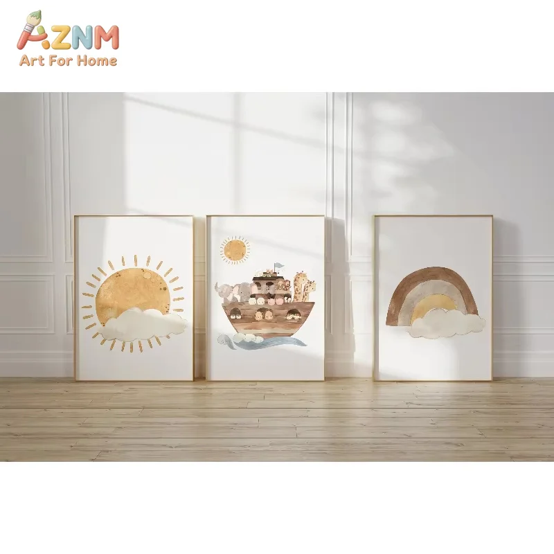 AZNM 3pcs Bohemian Nursery Theme Poster Set Modern Cartoon Animal-Themed Canvas Wall Art for Children's Room Decor