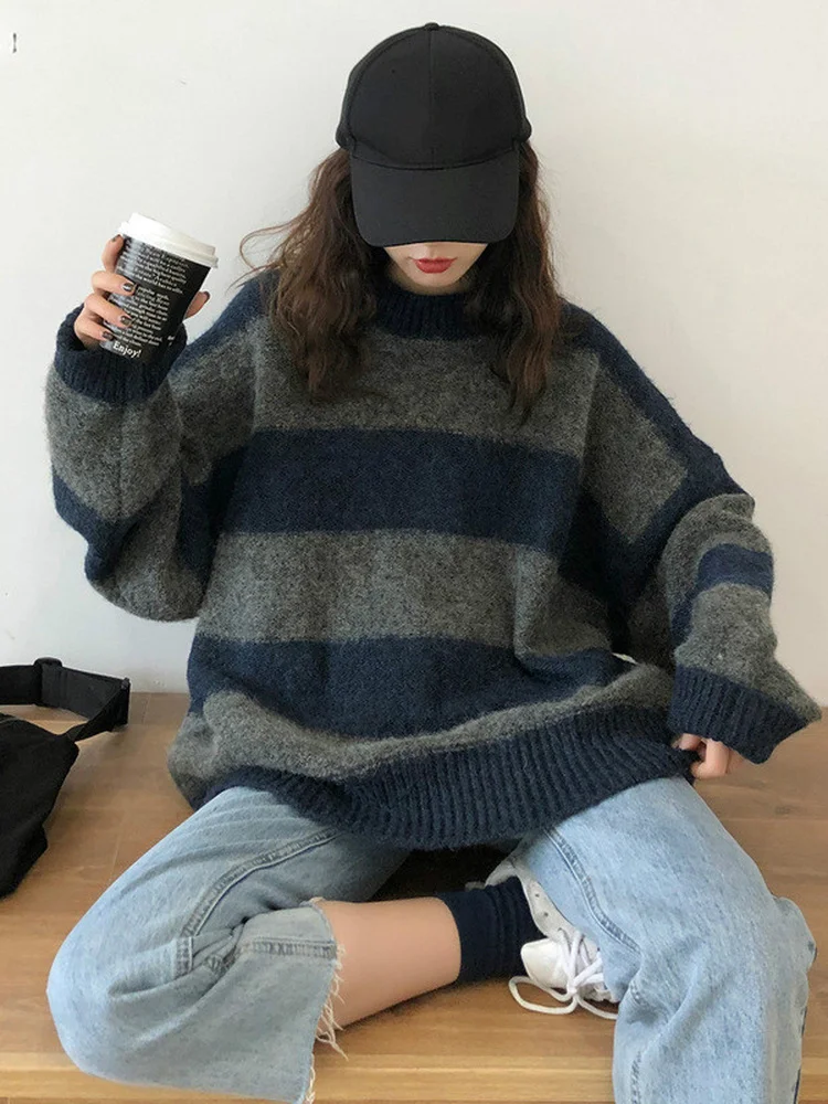 Woherb Women Oversized Thin Sweater Vintage Striped Loose Pullover Streetwear Autumn Knitted Jumper Femme 2024 Sueter Mujer