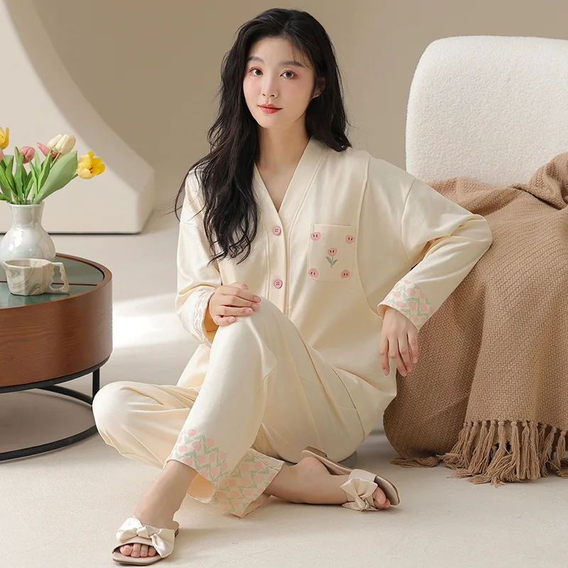 Spring Autumn 100% Pure Cotton Maternity Home Pajamas, Convenient Breastfeeding Nursing Sleepwear Set for Pregnant Women