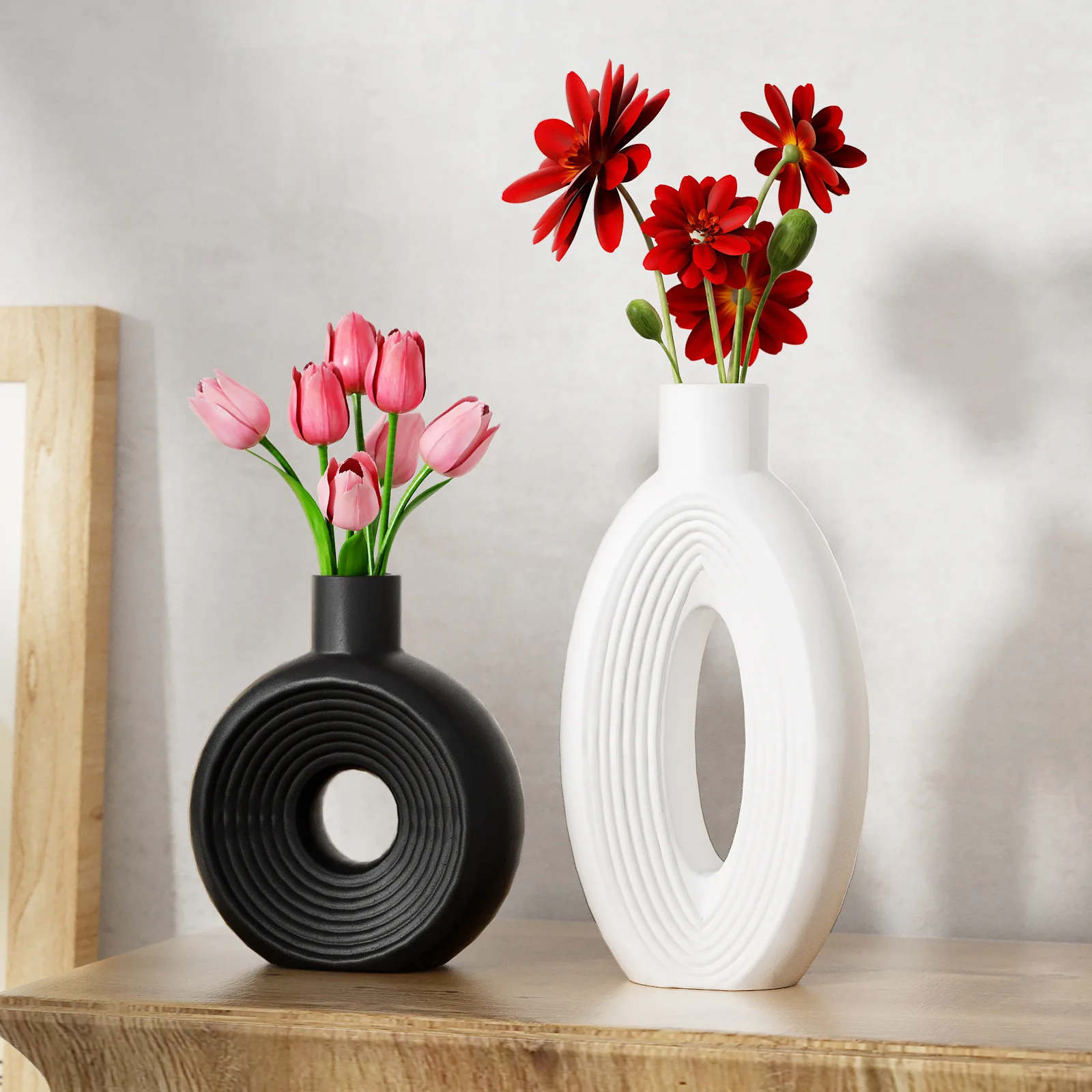 Scandinavian Circle Vase Silicone Mold Oval Circle Striped Ins Style Large Ornaments Donut Flower Arrangement Vase Making Moulds