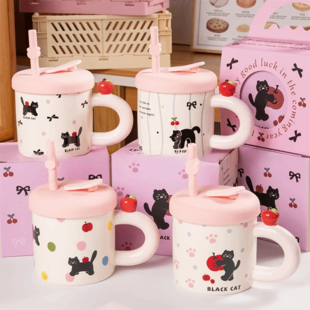 

Cute Cat Pattern Ceramic Coffee Mug with Handle Heat Resistant Cute Drinking Cup Handmade Anti-scald Water Cup with Lid for Girl