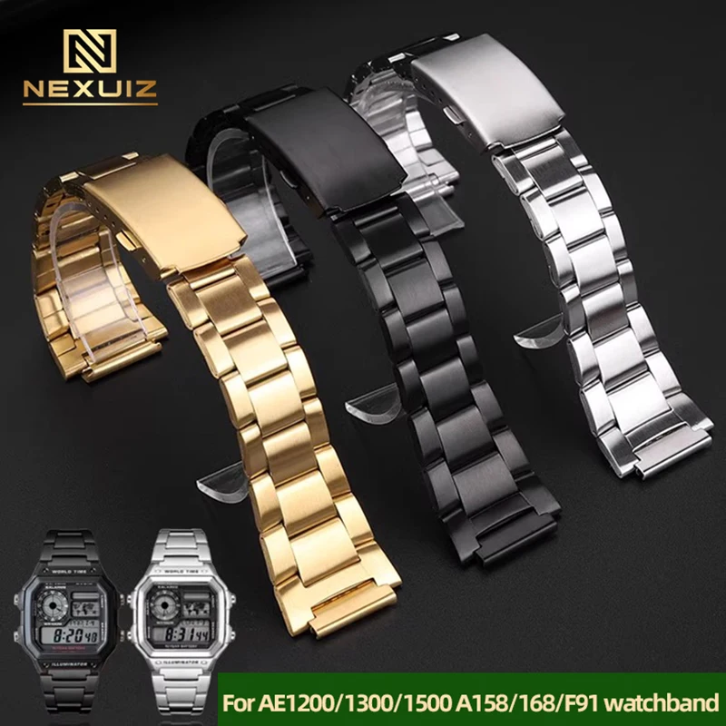 Convex Joint 18mm Stainless Steel  Watch Strap For Casio AE1200/AE1300/AE1500 A158/168/F91 Watch Band With Men's watch belt