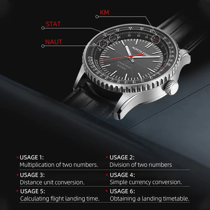 NORTH EDGE EVOQUE 3 Pilot Series Watch For Men Aviation Military Solar Powered Watch Leather Strap Luminous Stainless Steel Case