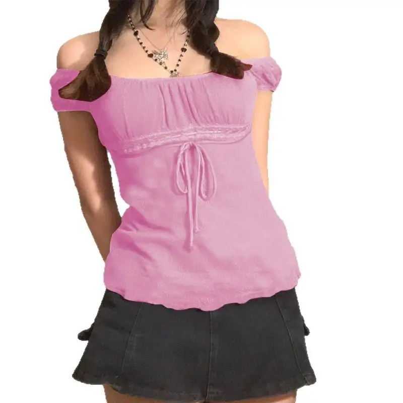 เสื้อครอปท็อปผู้หญิงสไตล์วินเทจ Y2K ลายลูกไม้ ดีไซน์เก๋ แขนเดียว สีพื้น แฟชั่นสำหรับผู้หญิง