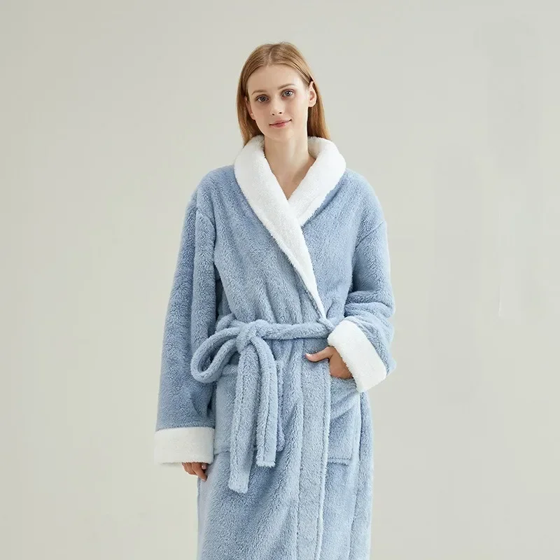 

European and Americanwinter women's long thick sleepwear comfortable cotton fleece couple bathrobe high-quality couple nightgown