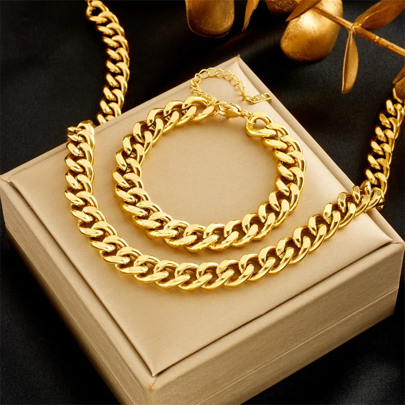 

316L Stainless Steel Golden Flat Snake Chain Stacked Miami Cuban Chain Bracelet Necklace Hip-hop Women's Jewelry Set