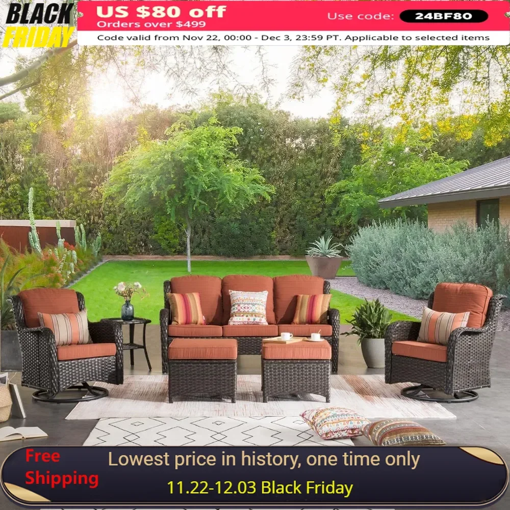 6 Piece Outdoor Wicker High Back Sofa with Swivel Rocking Chairs, Ottomans, Comfy Cushions,Brown Rattan Orange Red