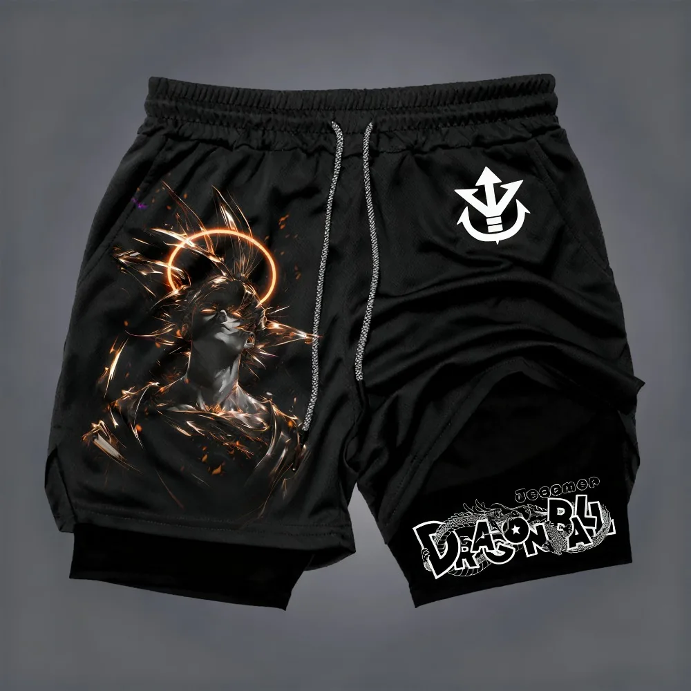 Dragon Ball Herren-Shorts mit doppelter Schicht, Son Goku, Sommer, japanischer Anime, gefälschte zweiteilige Sport-Fitness-Shorts, schnell trocknende Shorts