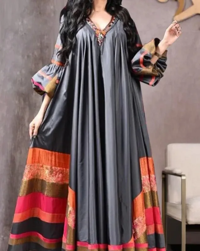 Vestido estampado Vintage para mujer, bata suelta transpirable de Oriente Medio, informal, manga larga, Abaya con cuello en V, Abayas musulmanas