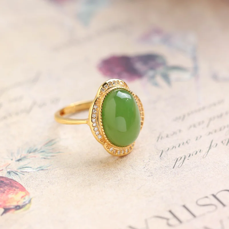 

S925 Sterling Silver Gold-Plated Hetian Jade Agate Cabochon Ring Women