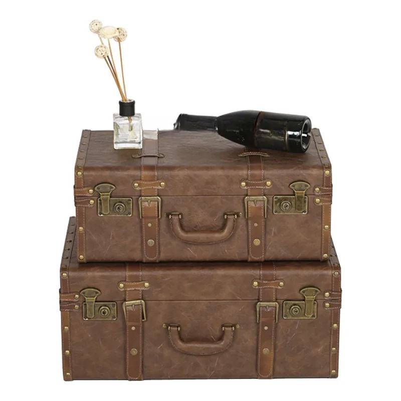 

European suitcase retro leather case home travel case wedding photography props display solid wood storage box