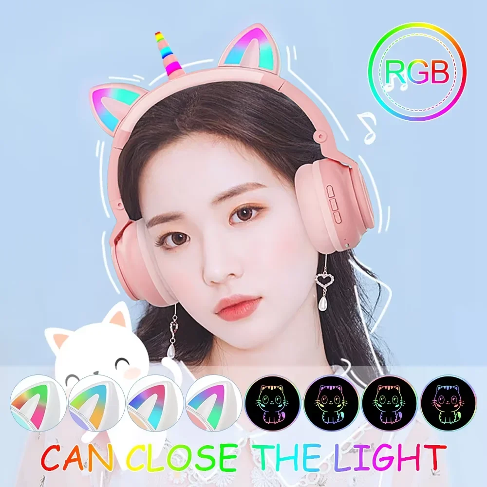 

Cute Unicorn Over-ear Wireless Headphones RGB Light Effect Bluetooth 5.0 TF Card AUX Cable Playback Foldable For Women Gift