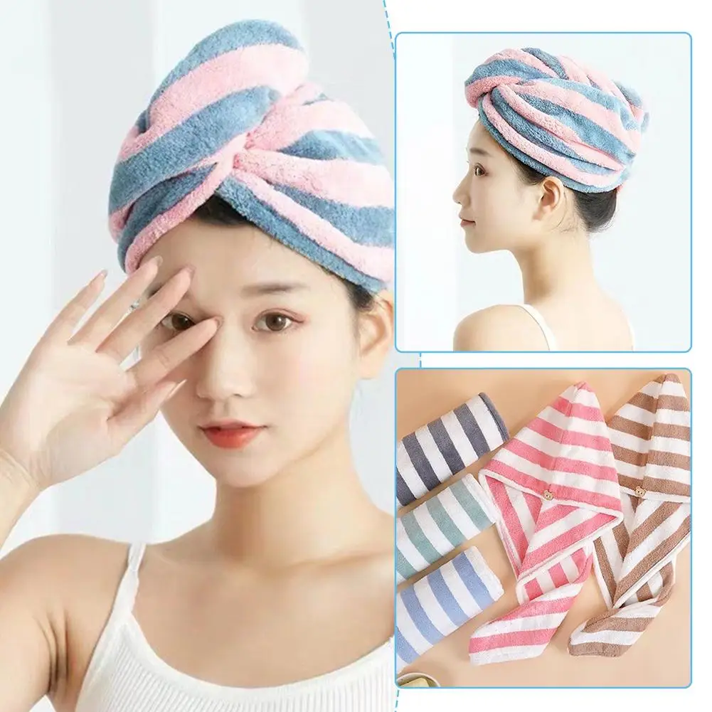 

Stripe Quick-dry Hair Towel Women Hair Drying Hat Coral Towel Turban Dry Cap Fleece Super Absorption Hair Cap Solid C8S5