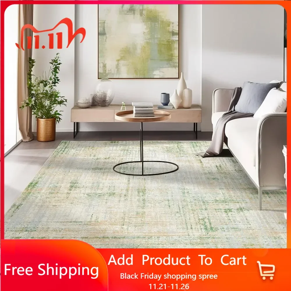 Area Rug 9x12 Abstract Sketch Distressed Green Multi Print Non-Slip Washable Rug Living Room Thin Rug Colorful