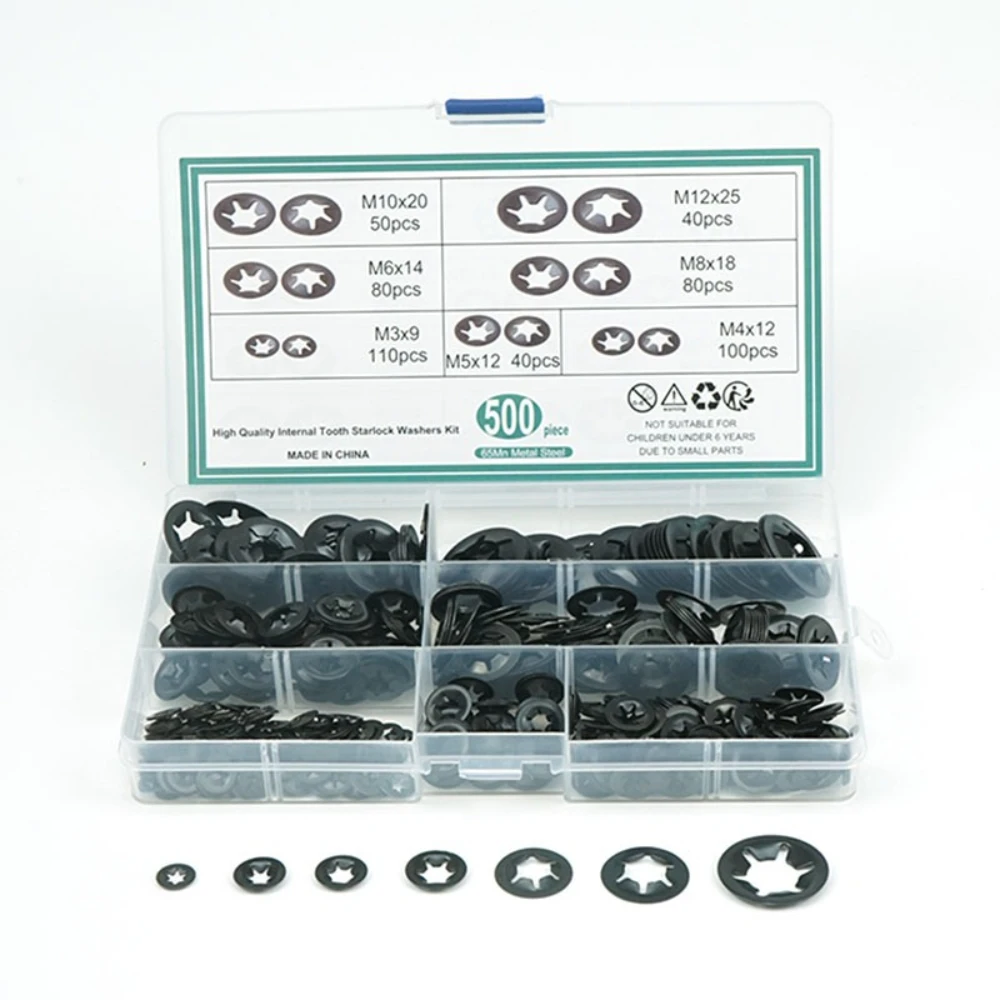 

500pcs Plum Blossom Hole Retaining Ring Gaskets Bearing Clamp Plum Blossom Type Clamp 65 Manganese Steel M3-m12 Set Washer