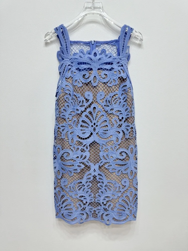 2024 Summer Embroidery Lace Blue Short Dress Women Hollow Out Sexy Party Evening Wedding Dresses